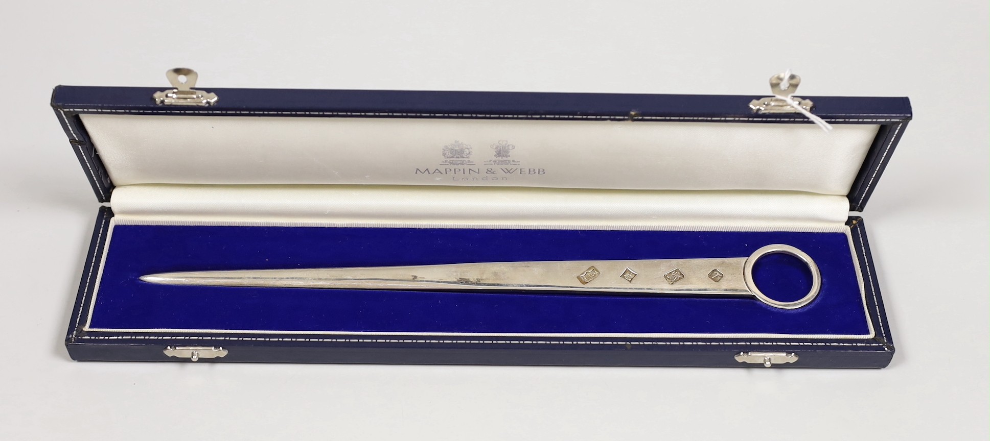 A modern cased Mappin & Webb silver paperknife, Birmingham, 1993, 28.4cm, 97 grams.